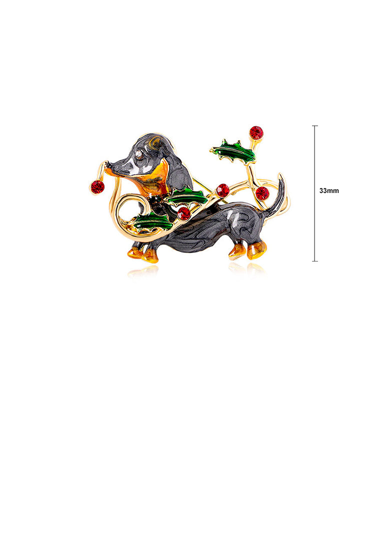 Simple Cute Plated Gold Enamel Christmas Dog Brooch with Cubic Zirconia - Luxurious Look