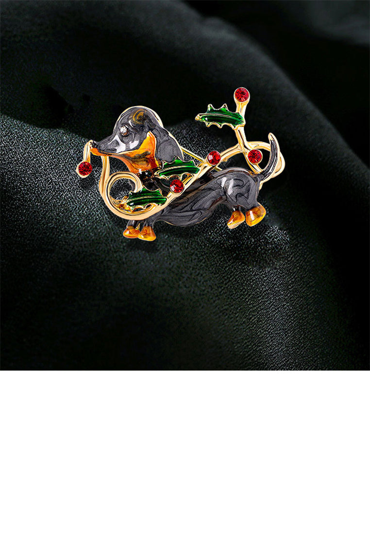 Simple Cute Plated Gold Enamel Christmas Dog Brooch with Cubic Zirconia - Luxurious Look