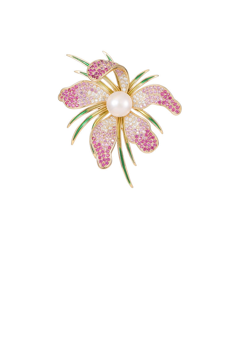 Fashion Temperament Plated Gold Flower Imitation Pearl Brooch with Cubic Zirconia - Luxurious Look