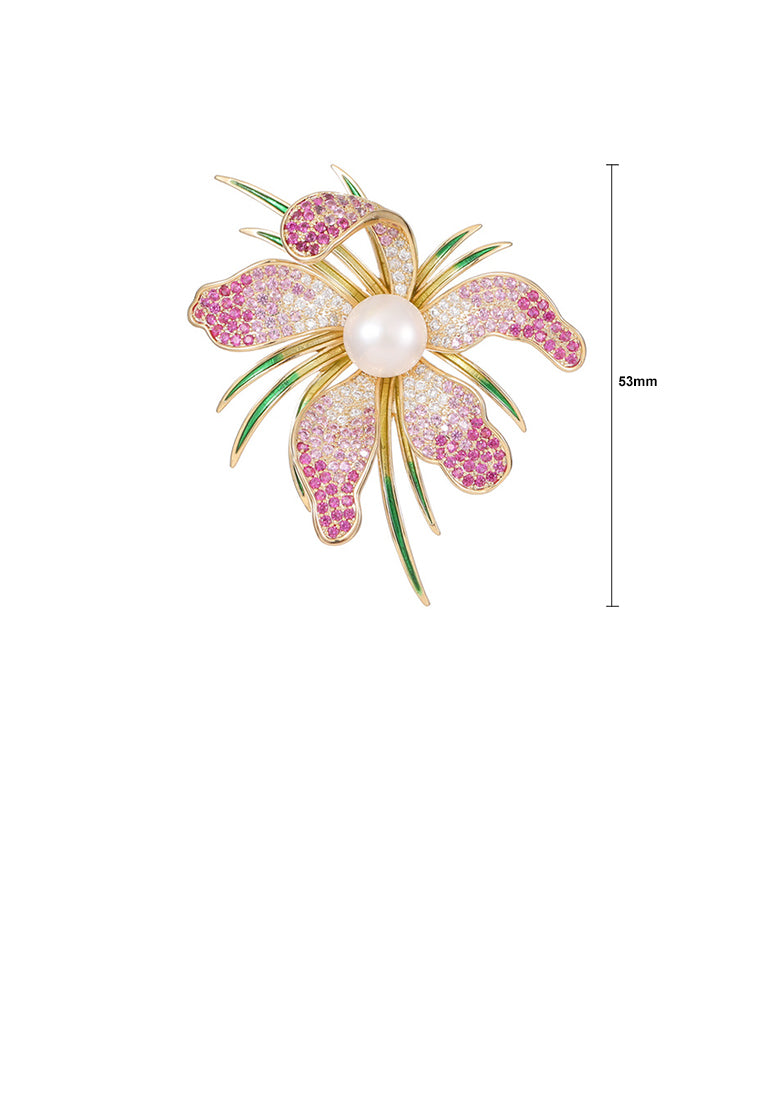 Fashion Temperament Plated Gold Flower Imitation Pearl Brooch with Cubic Zirconia - Luxurious Look