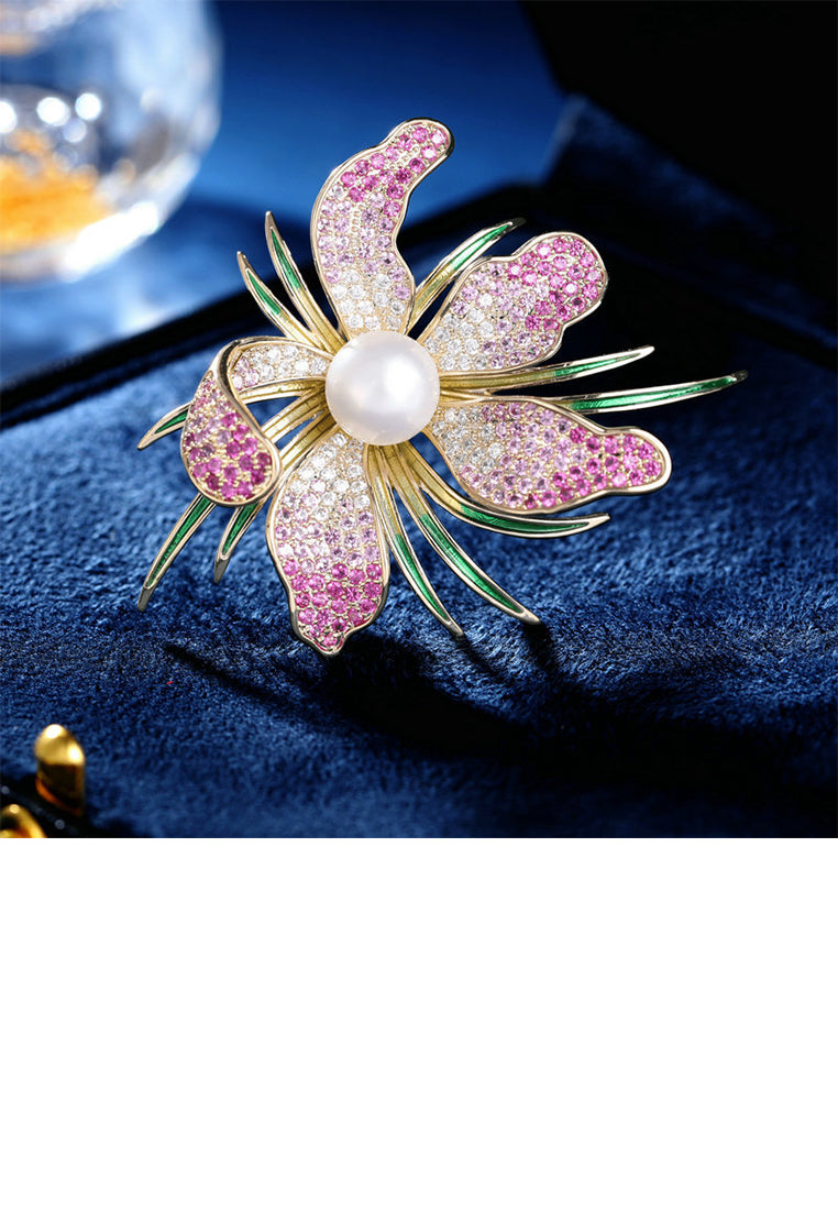 Fashion Temperament Plated Gold Flower Imitation Pearl Brooch with Cubic Zirconia - Luxurious Look