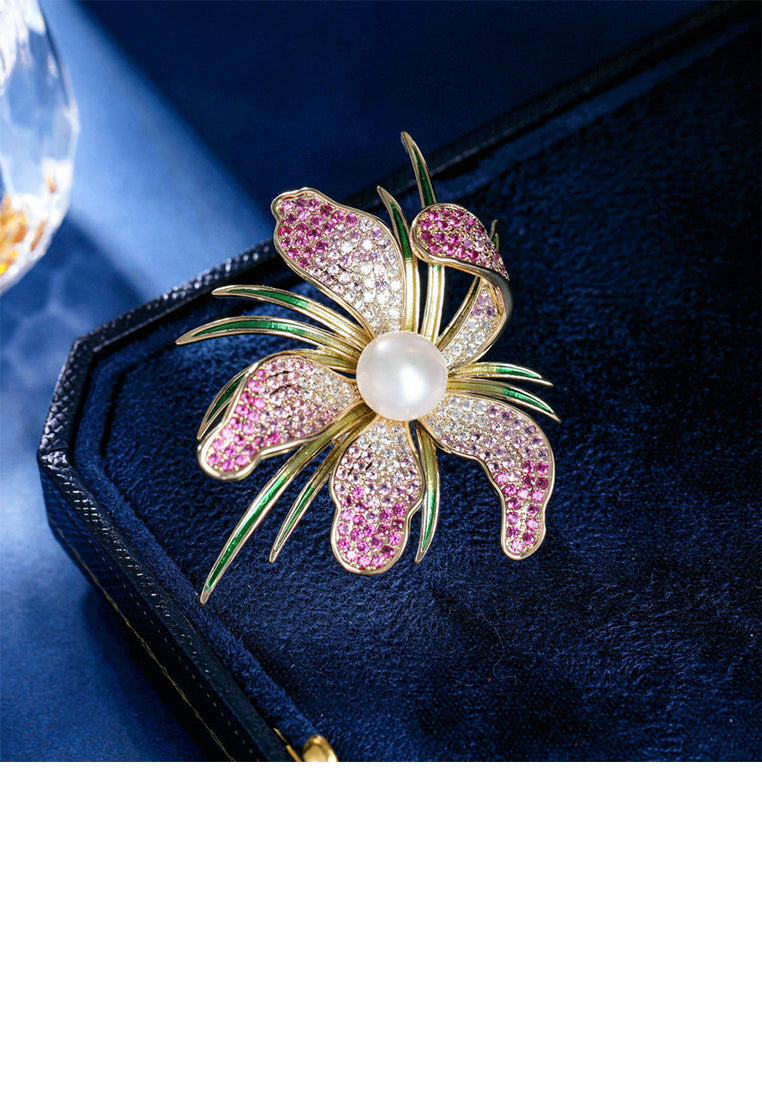 Fashion Temperament Plated Gold Flower Imitation Pearl Brooch with Cubic Zirconia - Luxurious Look