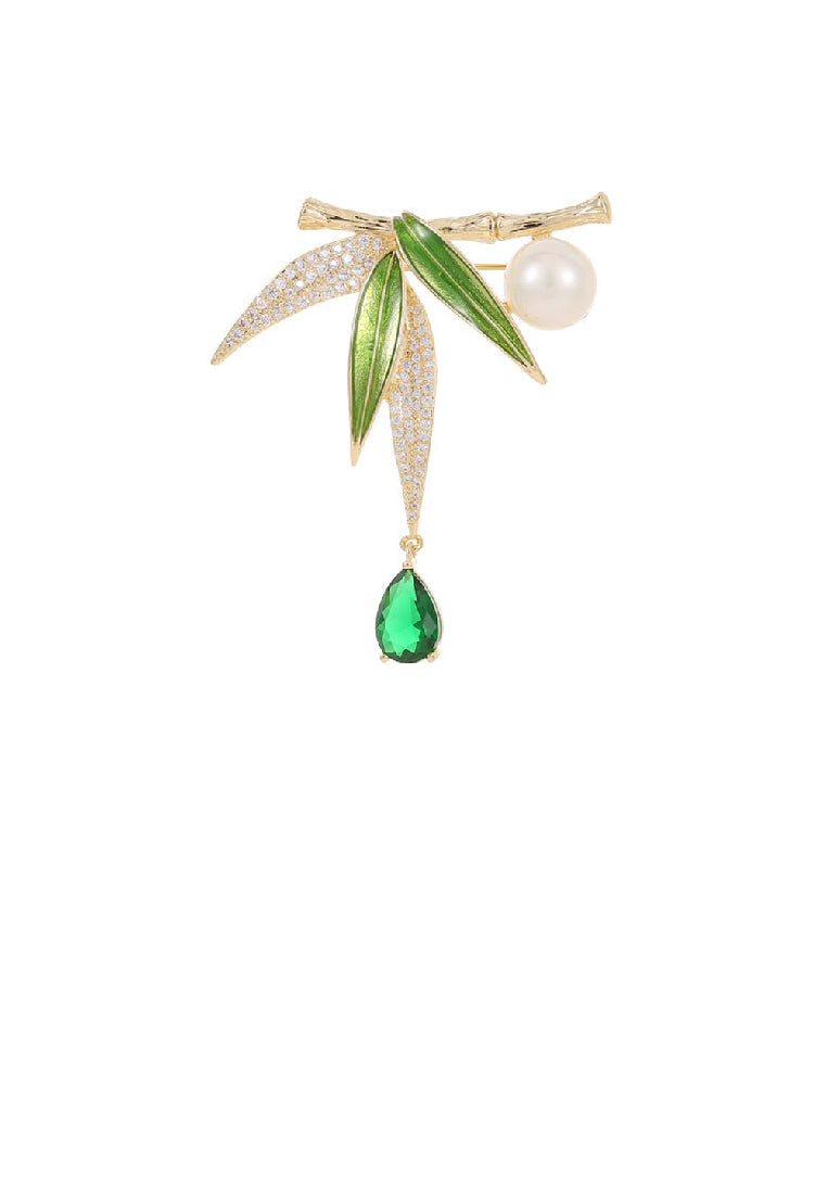 Fashion Temperament Plated Gold Bamboo Imitation Pearl Brooch with Green Cubic Zirconia - Luxurious Look