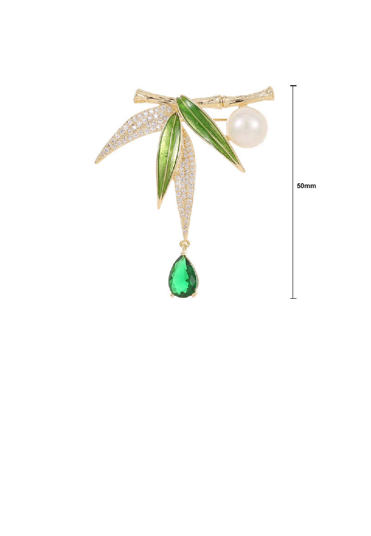 Fashion Temperament Plated Gold Bamboo Imitation Pearl Brooch with Green Cubic Zirconia - Luxurious Look