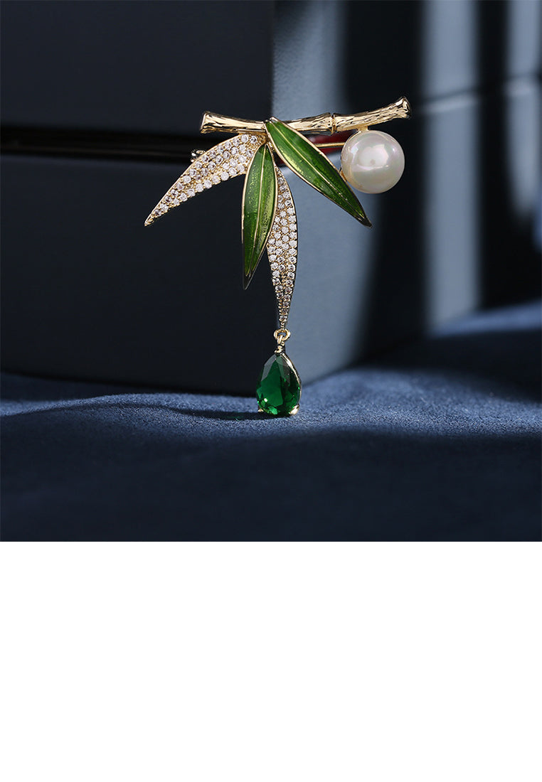 Fashion Temperament Plated Gold Bamboo Imitation Pearl Brooch with Green Cubic Zirconia - Luxurious Look