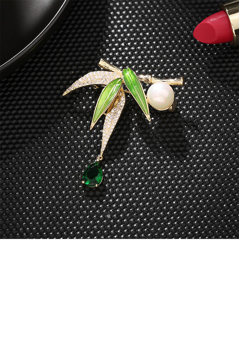 Fashion Temperament Plated Gold Bamboo Imitation Pearl Brooch with Green Cubic Zirconia - Luxurious Look