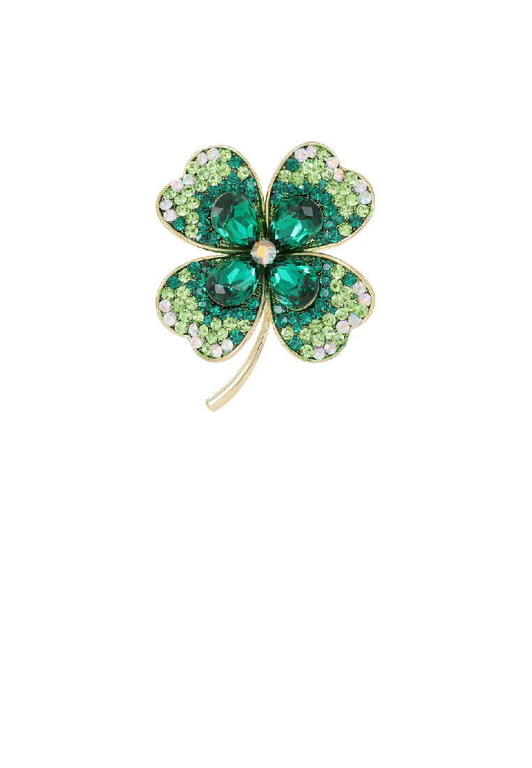 Fashion Brilliant Plated Gold Four-Leafed Clover Brooch with Green Cubic Zirconia - Luxurious Look