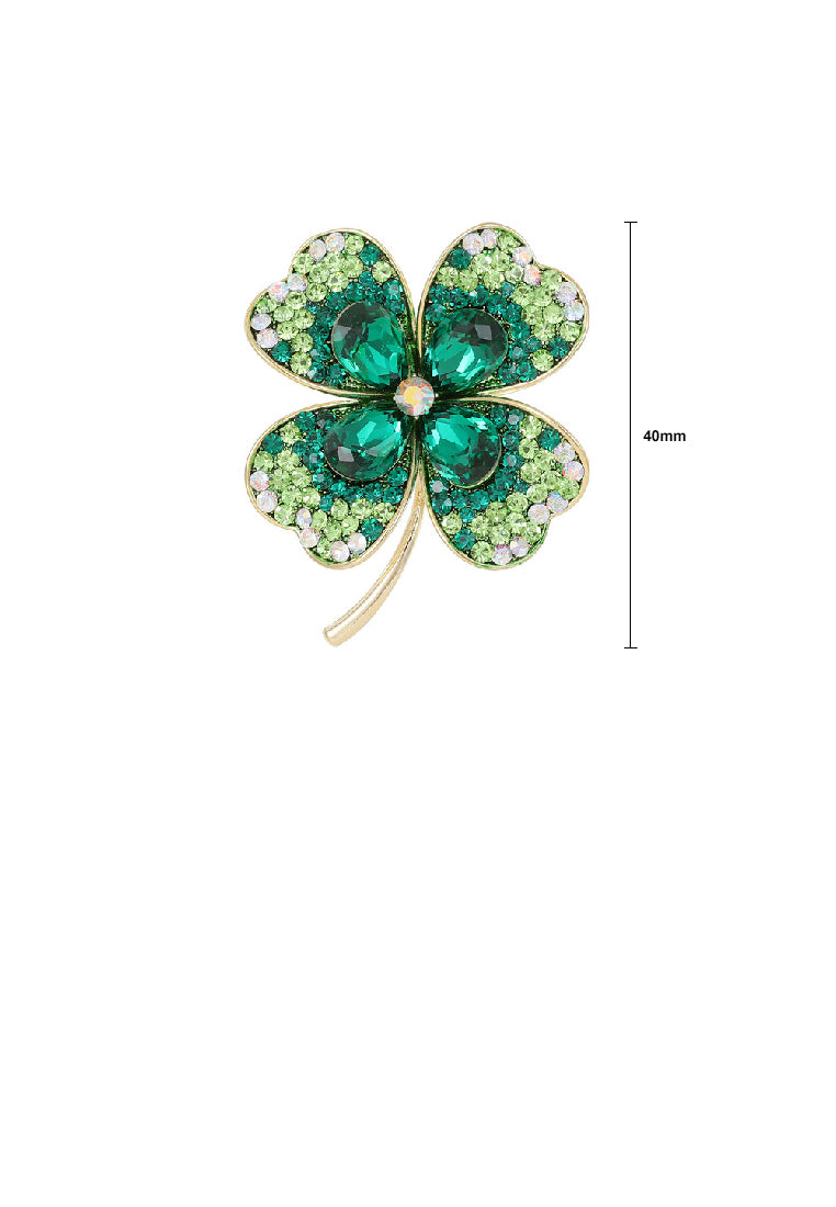 Fashion Brilliant Plated Gold Four-Leafed Clover Brooch with Green Cubic Zirconia - Luxurious Look