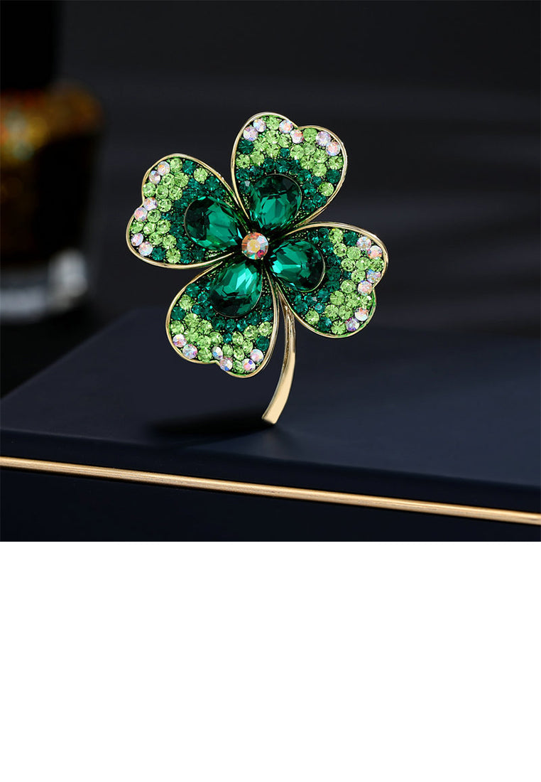 Fashion Brilliant Plated Gold Four-Leafed Clover Brooch with Green Cubic Zirconia - Luxurious Look