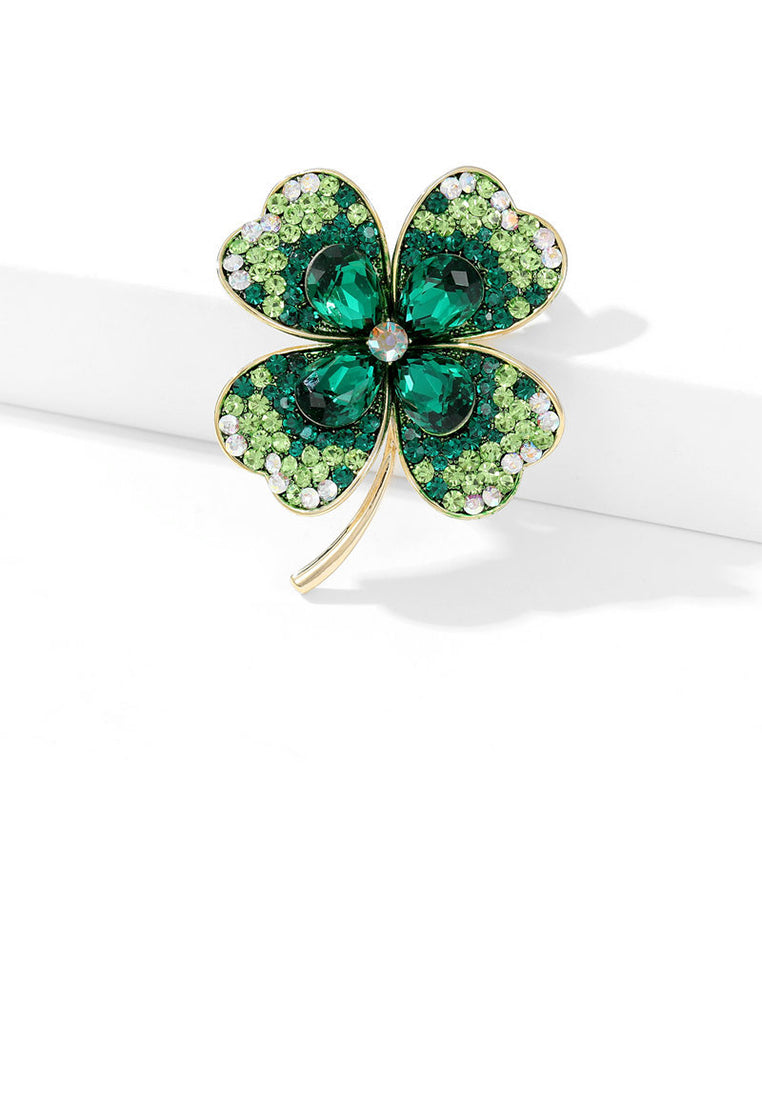 Fashion Brilliant Plated Gold Four-Leafed Clover Brooch with Green Cubic Zirconia - Luxurious Look