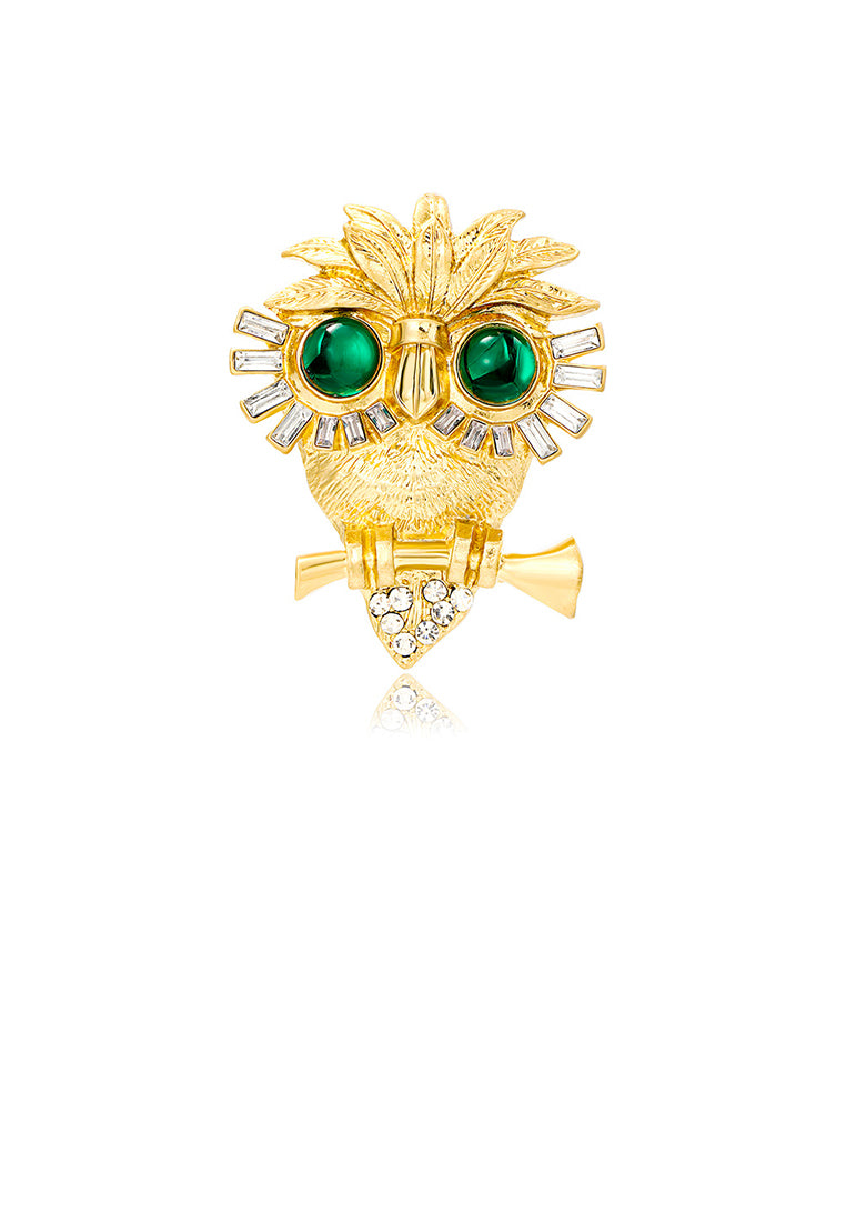 Vintage Cute Plated Gold Owl Brooch with Cubic Zirconia - Luxurious Look