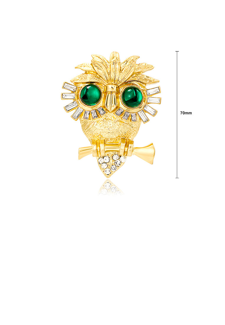 Vintage Cute Plated Gold Owl Brooch with Cubic Zirconia - Luxurious Look