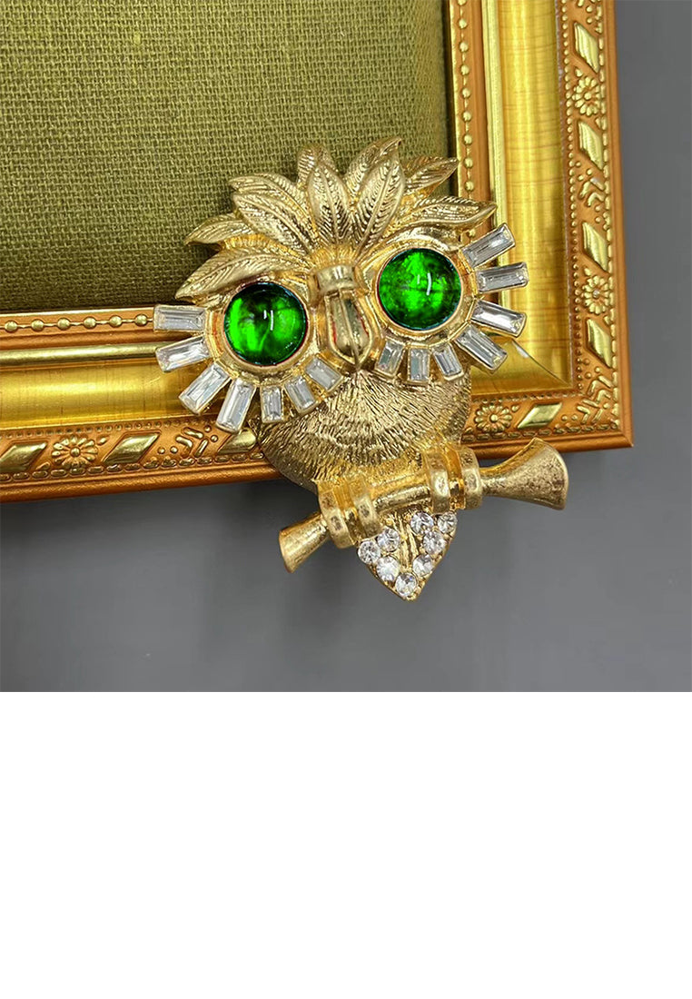 Vintage Cute Plated Gold Owl Brooch with Cubic Zirconia - Luxurious Look