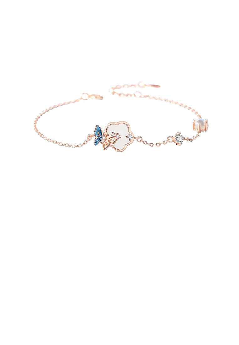 925 Sterling Silver Plated Rose Gold Fashion Elegant Butterfly Flower Moonstone Bracelet with Cubic Zirconia - Luxurious Look