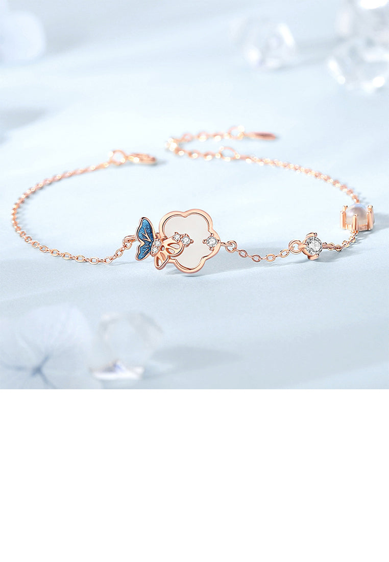 925 Sterling Silver Plated Rose Gold Fashion Elegant Butterfly Flower Moonstone Bracelet with Cubic Zirconia - Luxurious Look