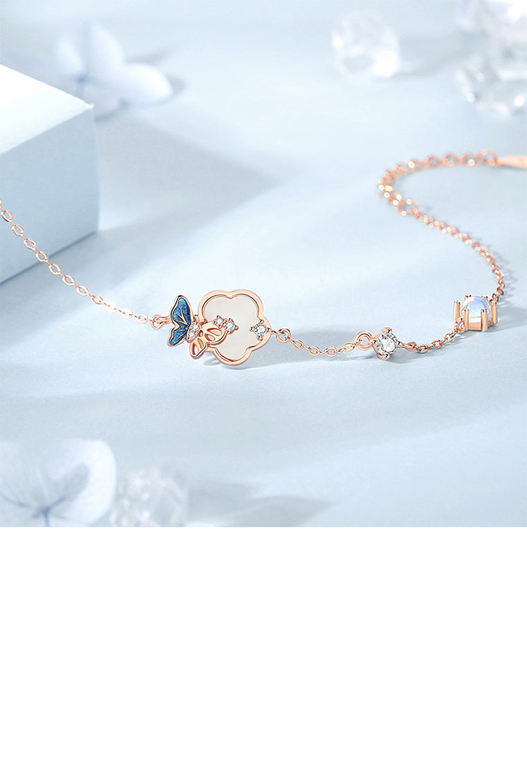 925 Sterling Silver Plated Rose Gold Fashion Elegant Butterfly Flower Moonstone Bracelet with Cubic Zirconia - Luxurious Look