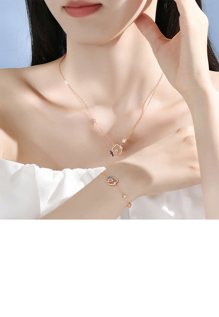 925 Sterling Silver Plated Rose Gold Fashion Elegant Butterfly Flower Moonstone Bracelet with Cubic Zirconia - Luxurious Look