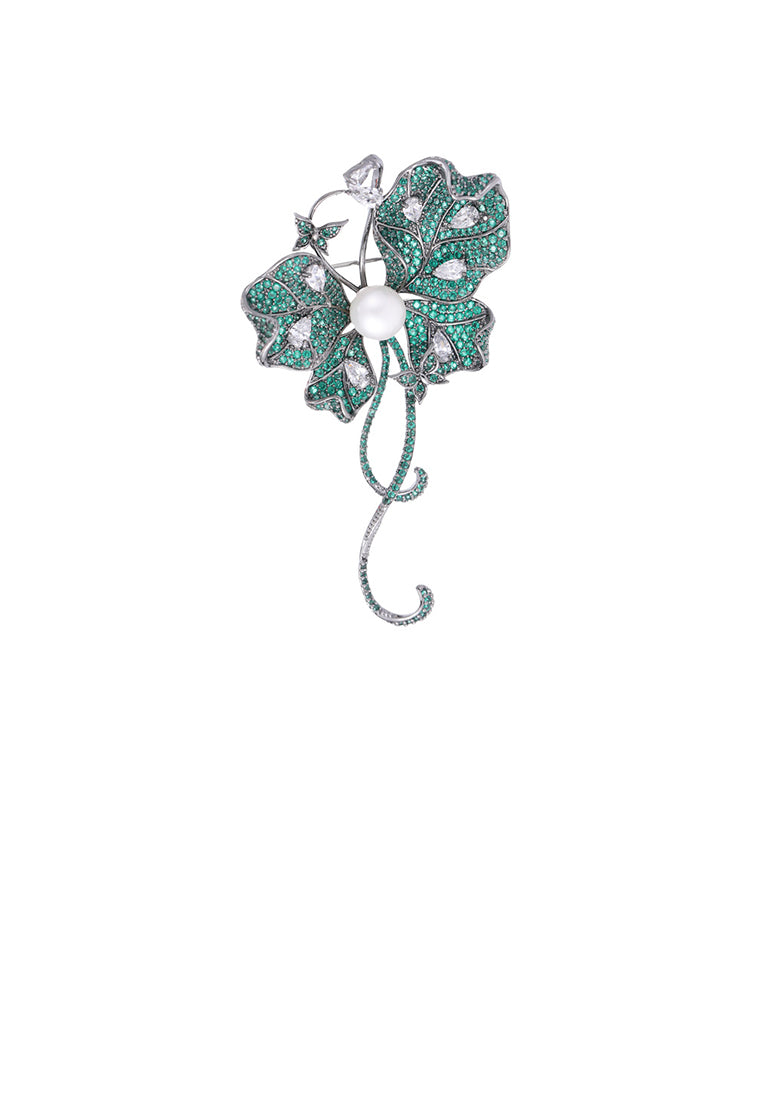 Fashion and Elegant Plated Black Butterfly Imitation Pearl Brooch with Green Cubic Zirconia - Luxurious Look