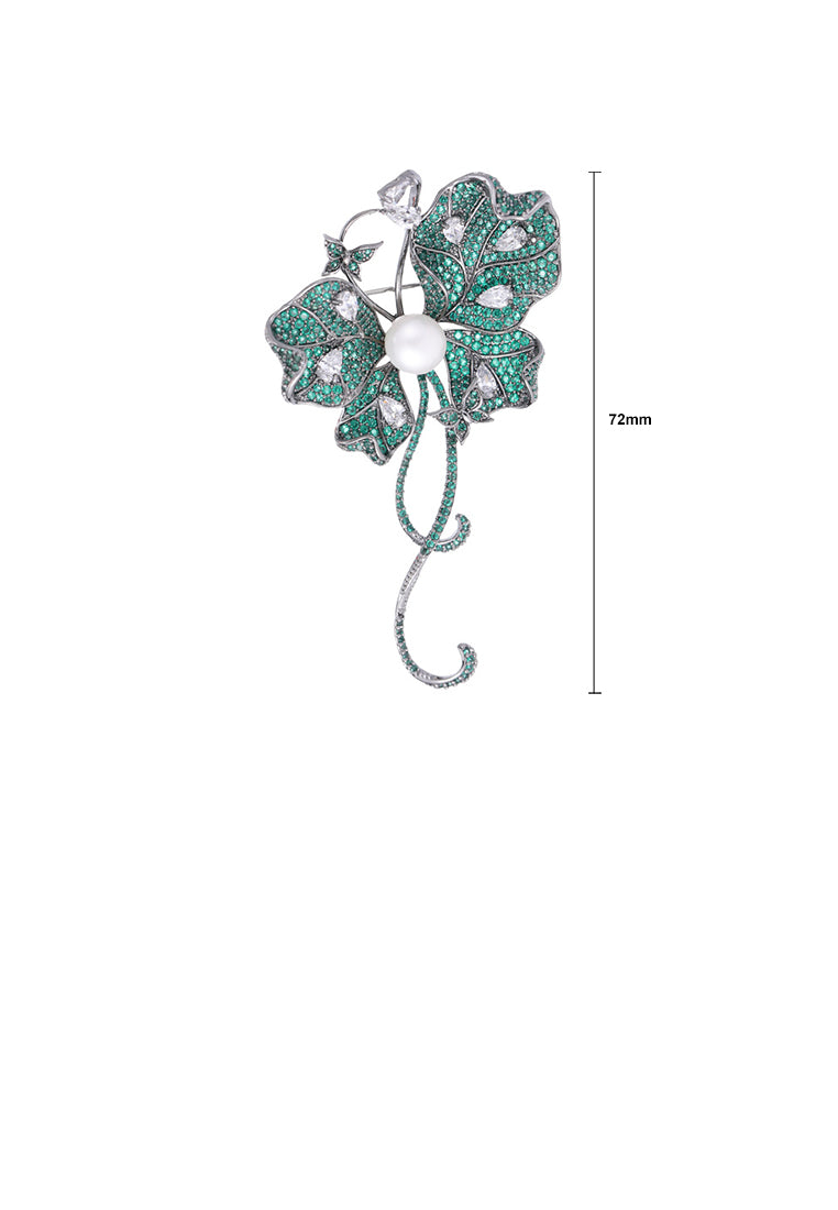 Fashion and Elegant Plated Black Butterfly Imitation Pearl Brooch with Green Cubic Zirconia - Luxurious Look