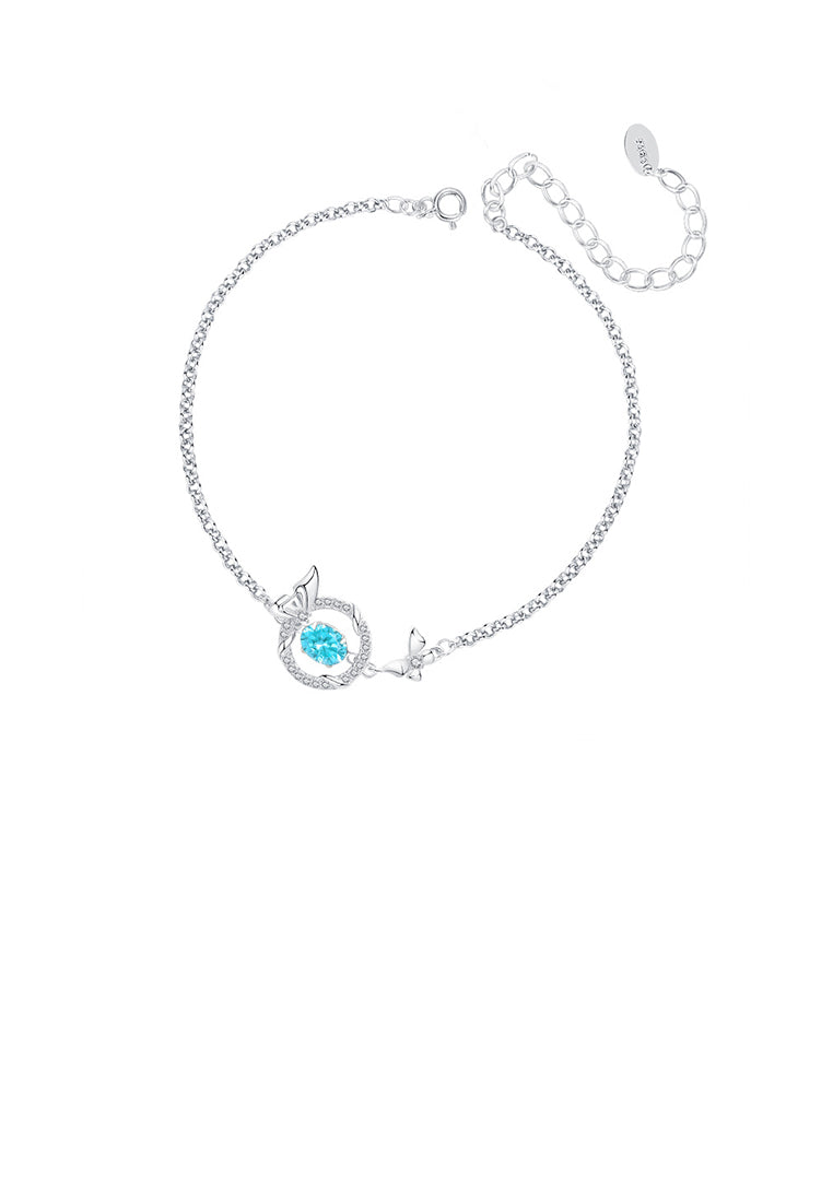 925 Sterling Silver Simple Fashion Butterfly Circle Bracelet with Blue Cubic Zirconia - Luxurious Look