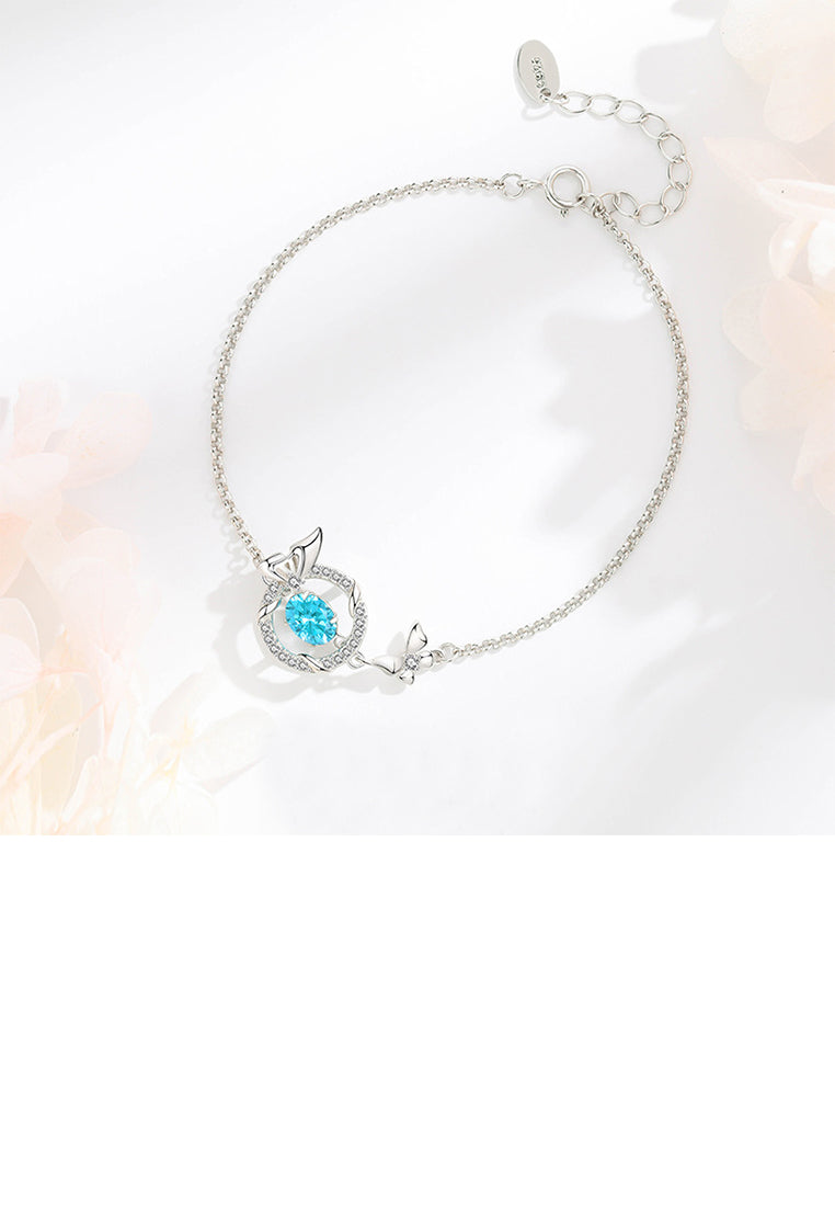 925 Sterling Silver Simple Fashion Butterfly Circle Bracelet with Blue Cubic Zirconia - Luxurious Look