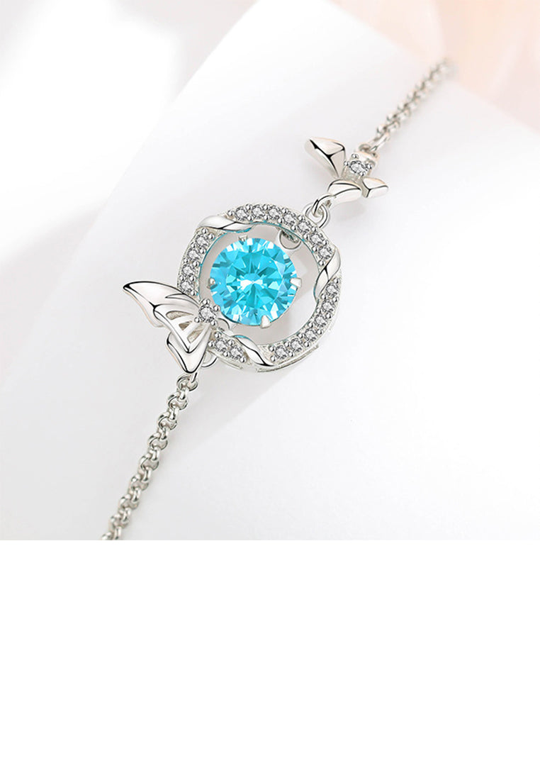 925 Sterling Silver Simple Fashion Butterfly Circle Bracelet with Blue Cubic Zirconia - Luxurious Look