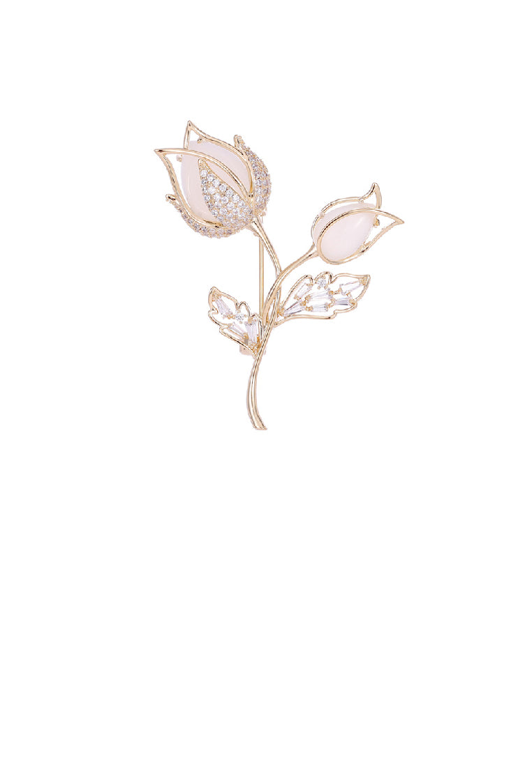 Fashion Temperament Plated Gold Tulip Pink Imitation Opal Brooch with Cubic Zirconia - Luxurious Look - Vibrant Color