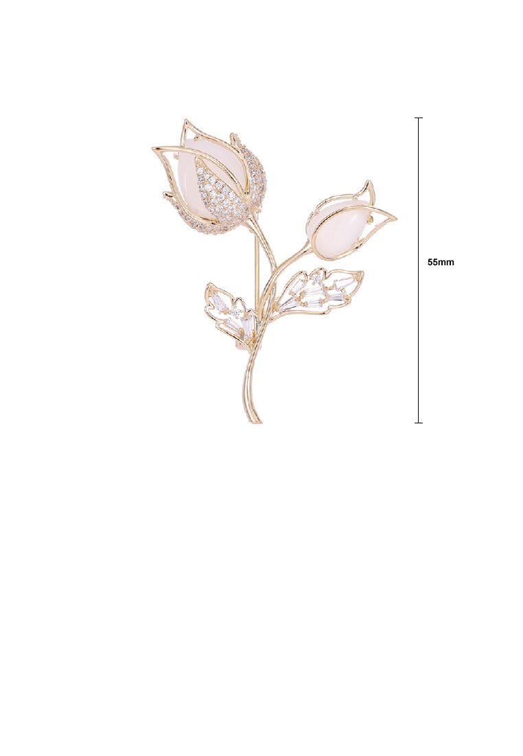 Fashion Temperament Plated Gold Tulip Pink Imitation Opal Brooch with Cubic Zirconia - Luxurious Look - Vibrant Color