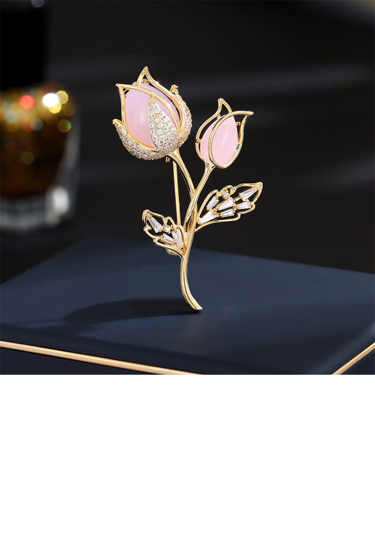 Fashion Temperament Plated Gold Tulip Pink Imitation Opal Brooch with Cubic Zirconia - Luxurious Look - Vibrant Color