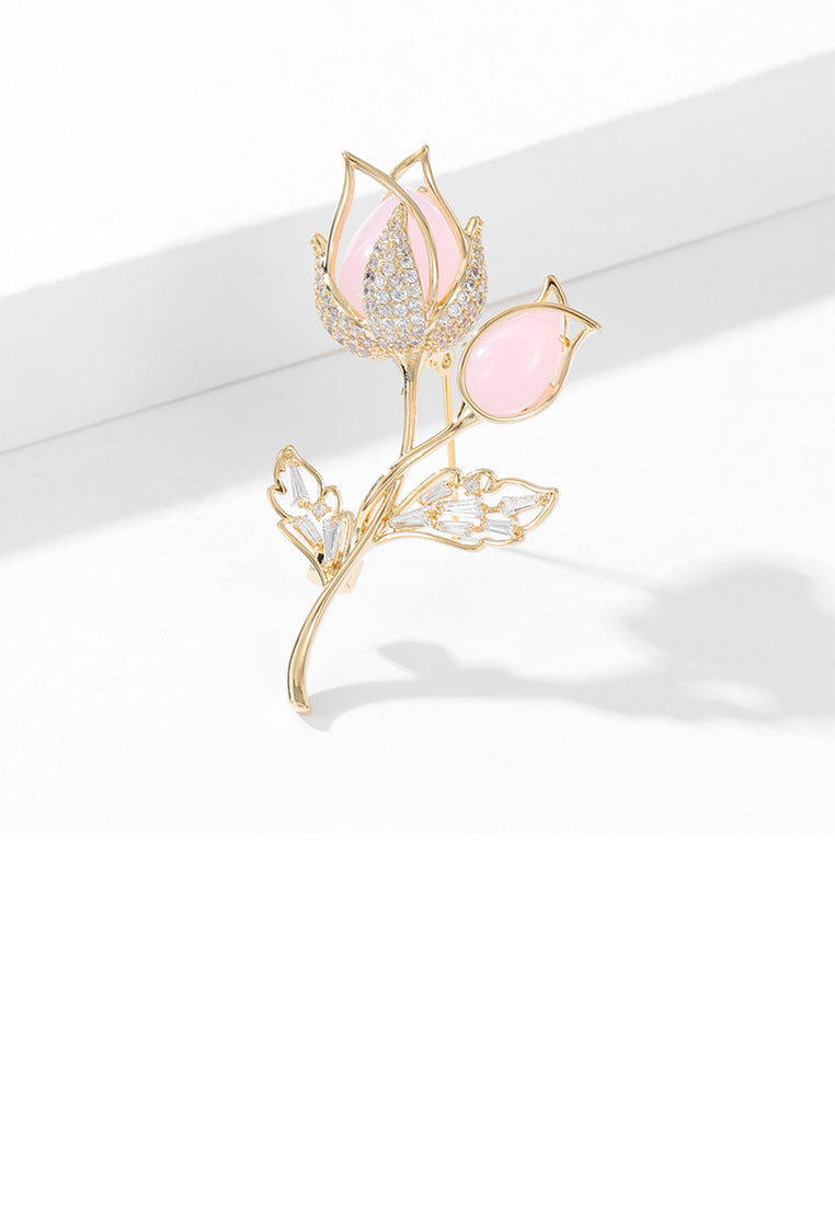 Fashion Temperament Plated Gold Tulip Pink Imitation Opal Brooch with Cubic Zirconia - Luxurious Look - Vibrant Color