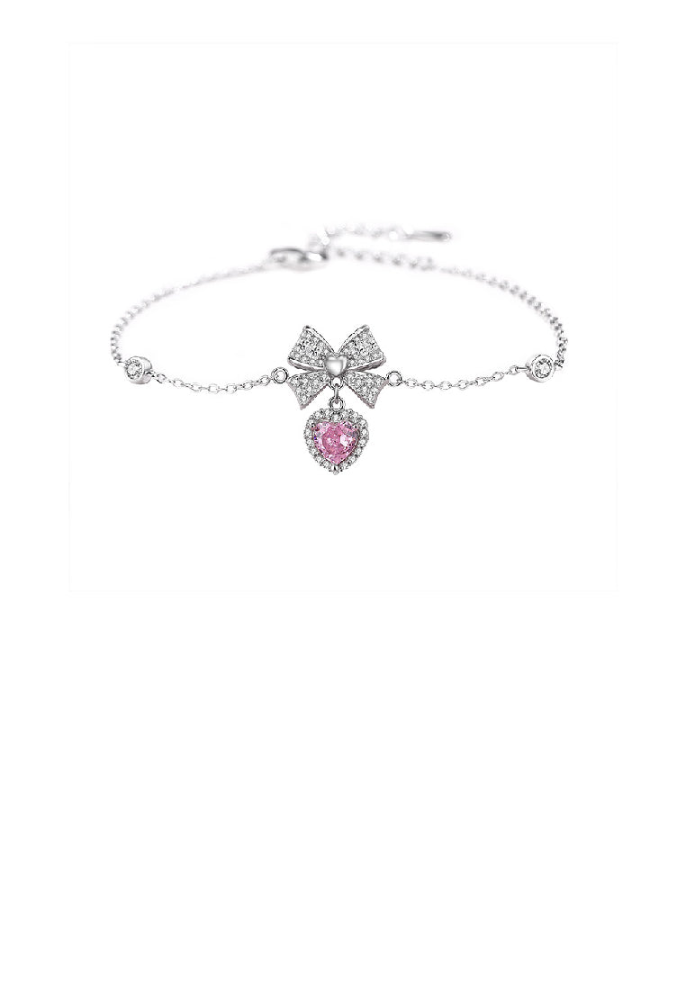 925 Sterling Silver Sweet Romantic Heart Bow Bracelet with Cubic Zirconia - Luxurious Look