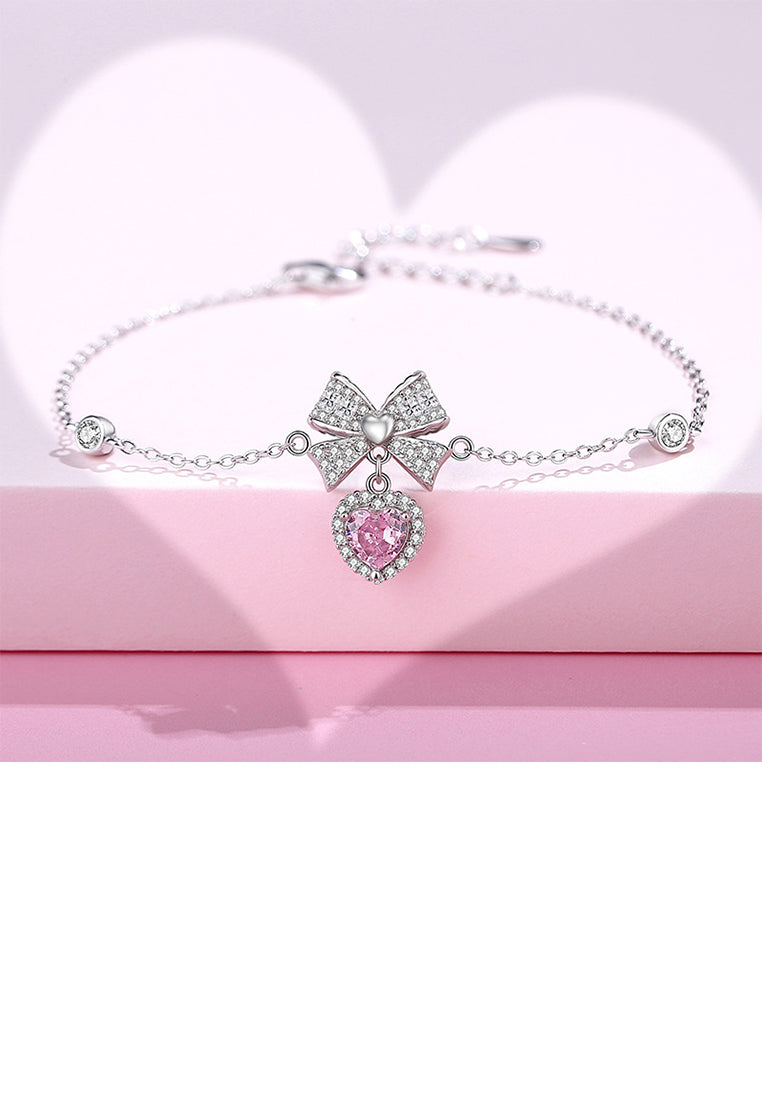 925 Sterling Silver Sweet Romantic Heart Bow Bracelet with Cubic Zirconia - Luxurious Look