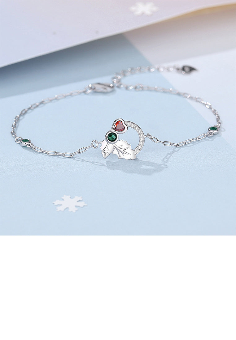 925 Sterling Silver Fashion Simple Leaf Heart Shape Geometric Circle Bracelet with Cubic Zirconia - Luxurious Look