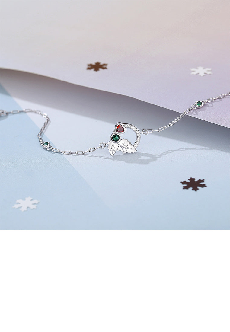 925 Sterling Silver Fashion Simple Leaf Heart Shape Geometric Circle Bracelet with Cubic Zirconia - Luxurious Look