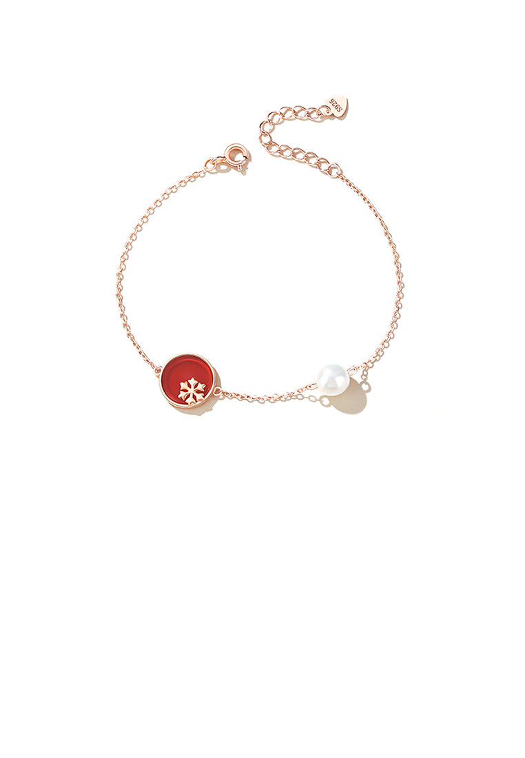925 Sterling Silver Plated Rose Gold Fashion and Elegant Snowflower Round Imitation Agate Bracelet with Imitation Pearl - Luxurious Look