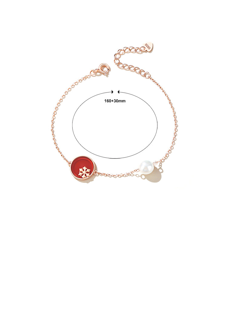 925 Sterling Silver Plated Rose Gold Fashion and Elegant Snowflower Round Imitation Agate Bracelet with Imitation Pearl - Luxurious Look
