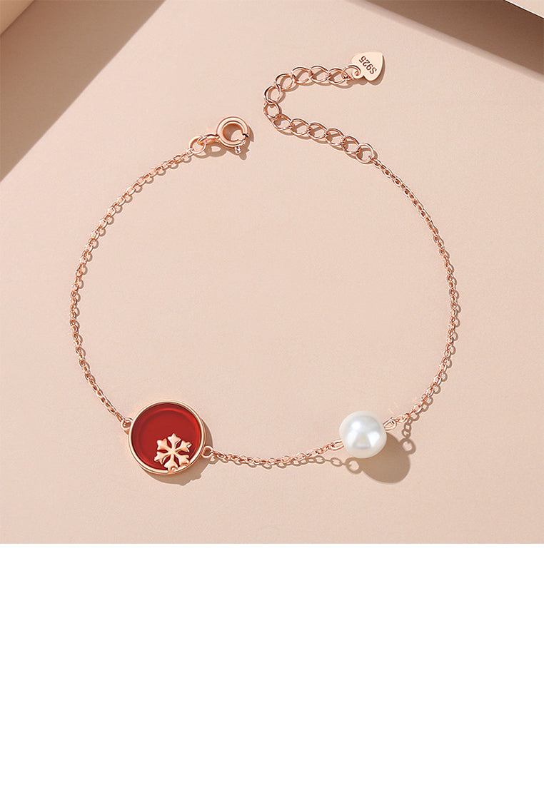 925 Sterling Silver Plated Rose Gold Fashion and Elegant Snowflower Round Imitation Agate Bracelet with Imitation Pearl - Luxurious Look