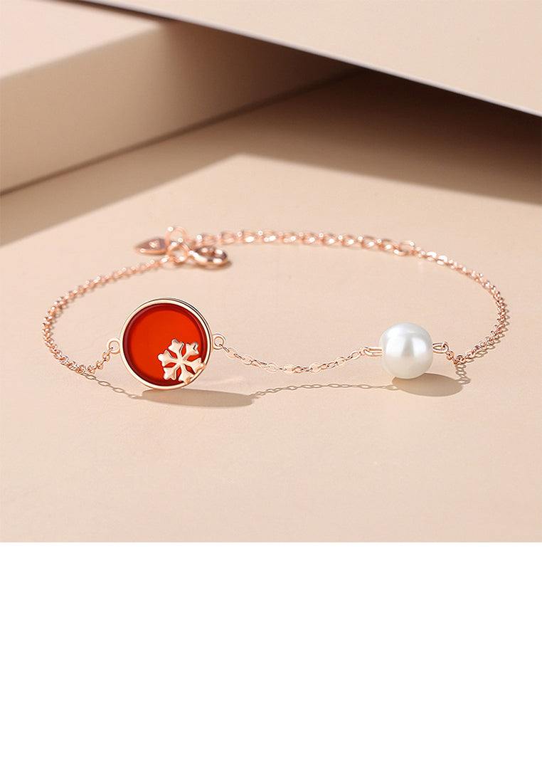 925 Sterling Silver Plated Rose Gold Fashion and Elegant Snowflower Round Imitation Agate Bracelet with Imitation Pearl - Luxurious Look