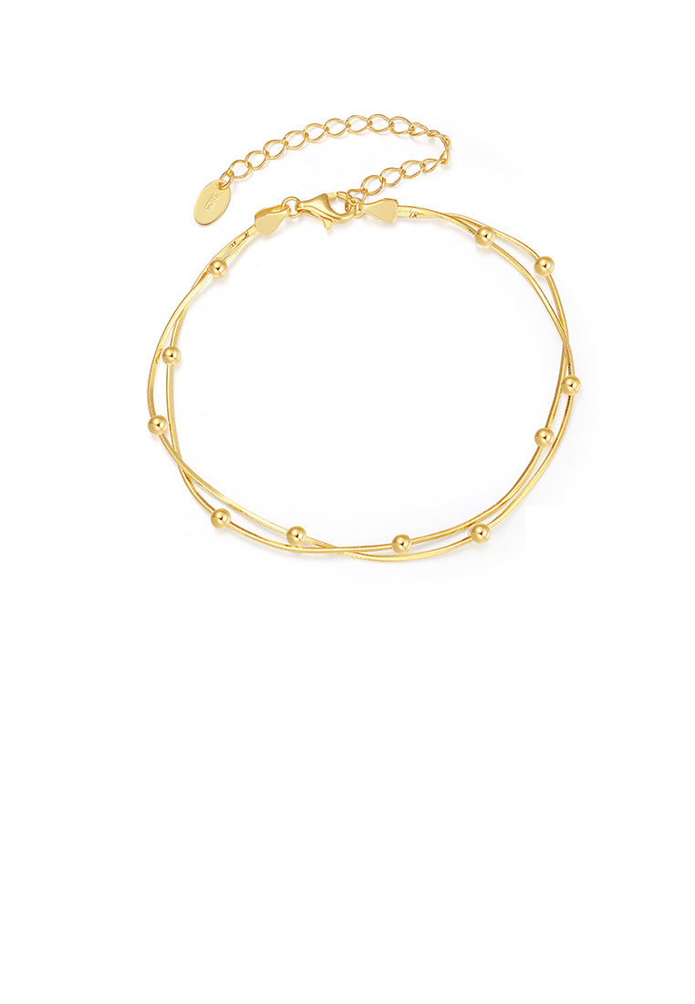 925 Sterling Silver Plated Gold Simple and Fashion Geometric Round Bead Double-layer Bracelet