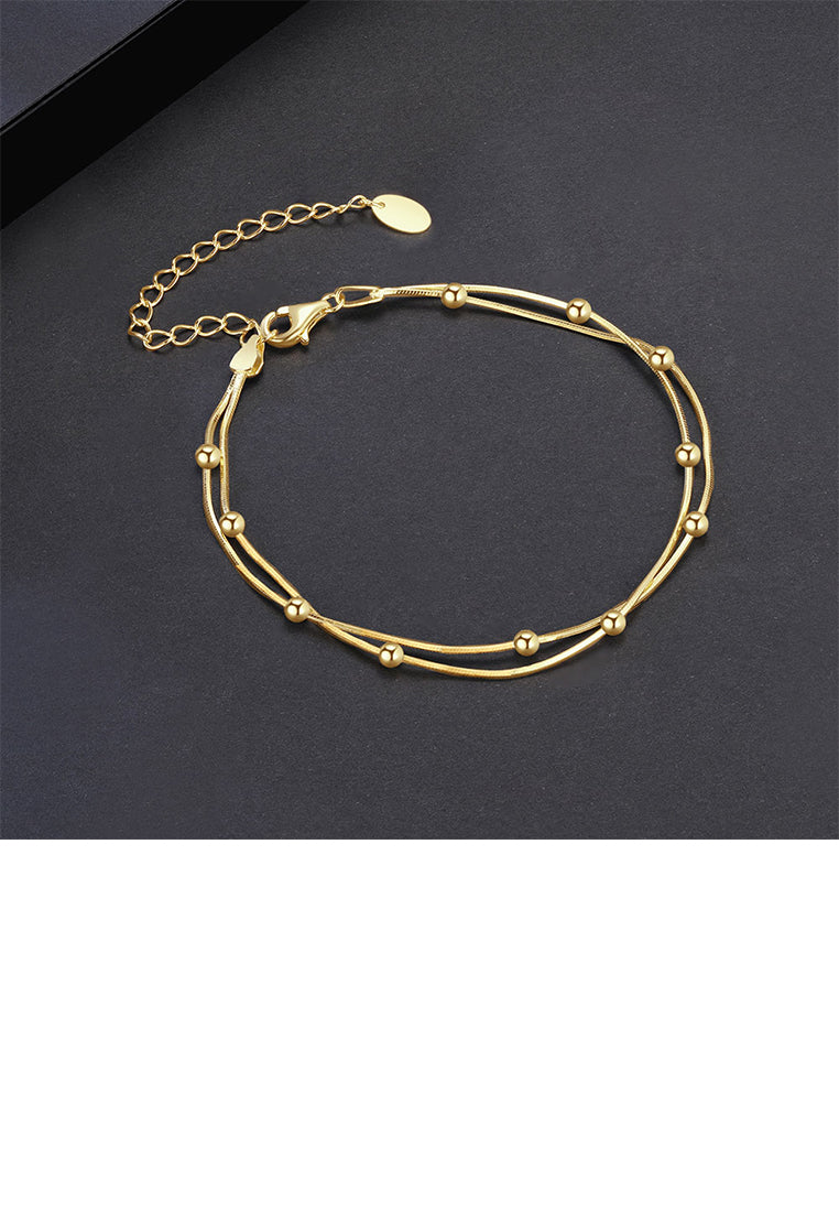 925 Sterling Silver Plated Gold Simple and Fashion Geometric Round Bead Double-layer Bracelet