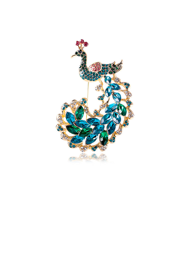 Fashion Brilliant Plated Gold Peacock Brooch with Blue Cubic Zirconia - Luxurious Look
