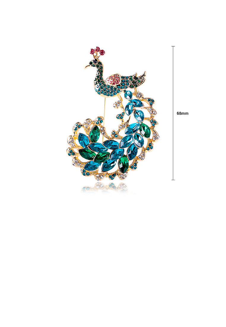 Fashion Brilliant Plated Gold Peacock Brooch with Blue Cubic Zirconia - Luxurious Look