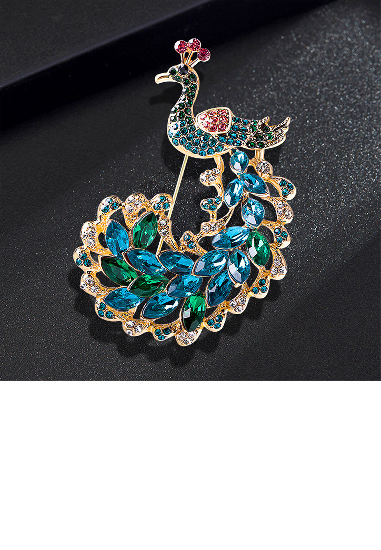 Fashion Brilliant Plated Gold Peacock Brooch with Blue Cubic Zirconia - Luxurious Look