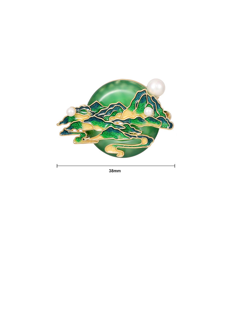 Fashion Vintage Plated Gold Enamel Green Mountain and River Brooch with Imitation Pearls