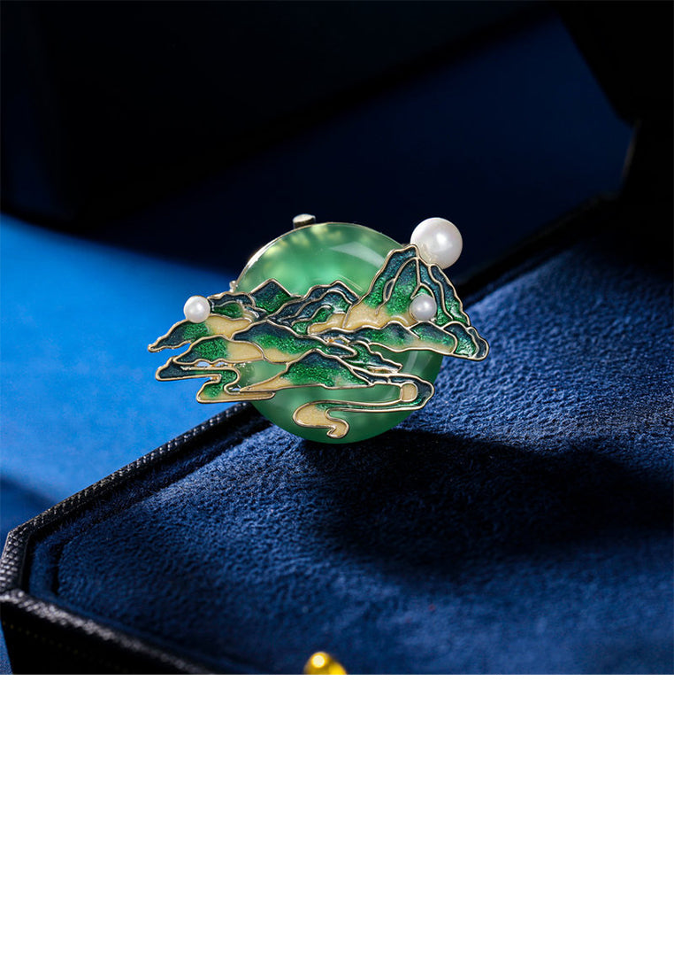 Fashion Vintage Plated Gold Enamel Green Mountain and River Brooch with Imitation Pearls