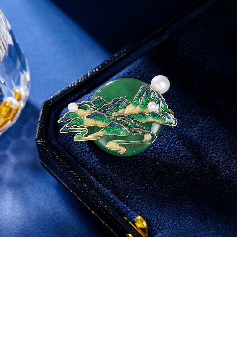 Fashion Vintage Plated Gold Enamel Green Mountain and River Brooch with Imitation Pearls