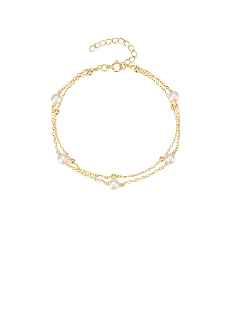 925 Sterling Silver Plated Gold Simple and Elegant Geometric Imitation Pearl Double Layer Bracelet - Luxurious Look