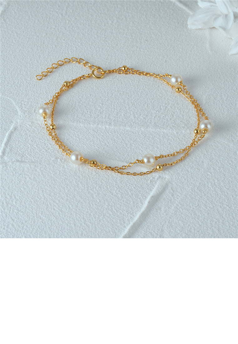925 Sterling Silver Plated Gold Simple and Elegant Geometric Imitation Pearl Double Layer Bracelet - Luxurious Look