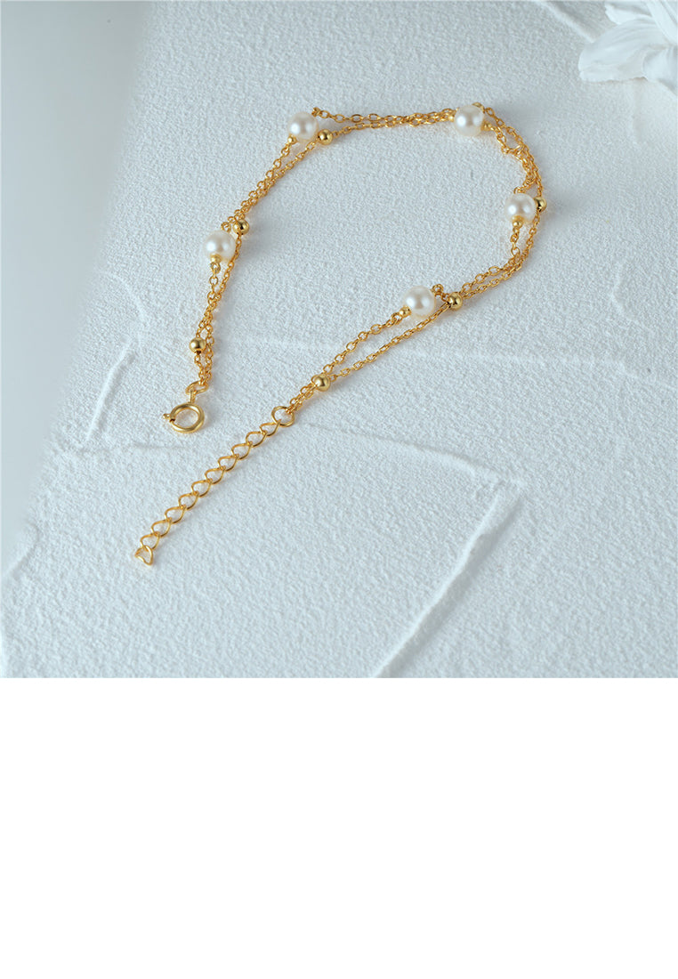 925 Sterling Silver Plated Gold Simple and Elegant Geometric Imitation Pearl Double Layer Bracelet - Luxurious Look