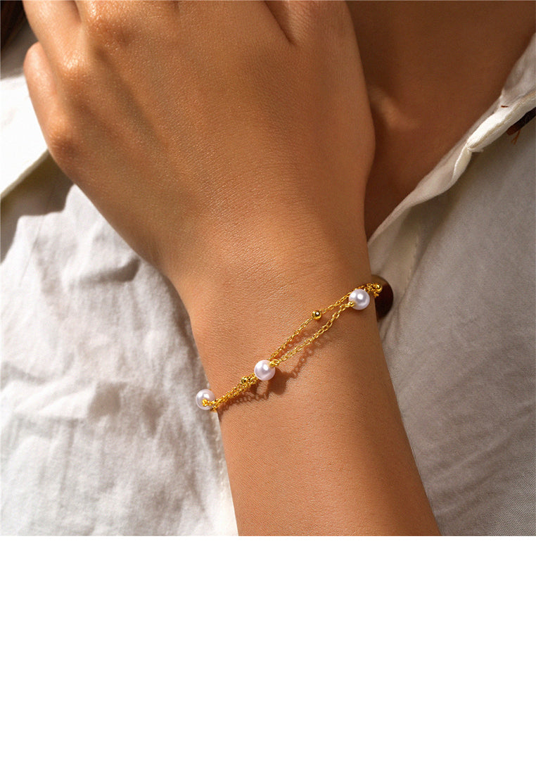 925 Sterling Silver Plated Gold Simple and Elegant Geometric Imitation Pearl Double Layer Bracelet - Luxurious Look